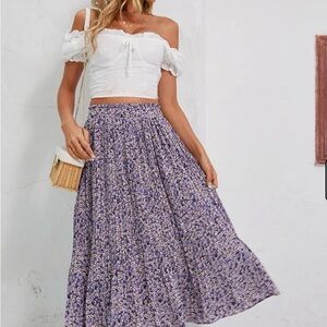 Zeagoo Floral Blue Pleated Skirt